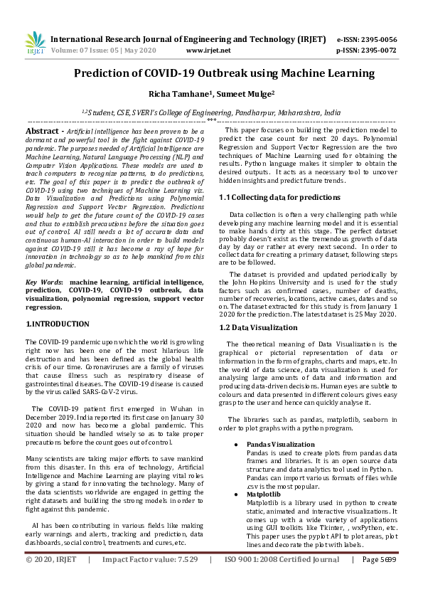 (PDF) IRJET- Prediction of COVID-19 Outbreak using Machine Learning