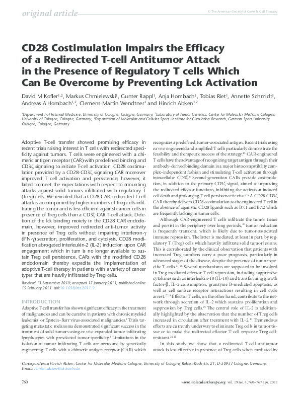 (PDF) CD28 Costimulation Impairs the Efficacy of a Redirected T-cell ...
