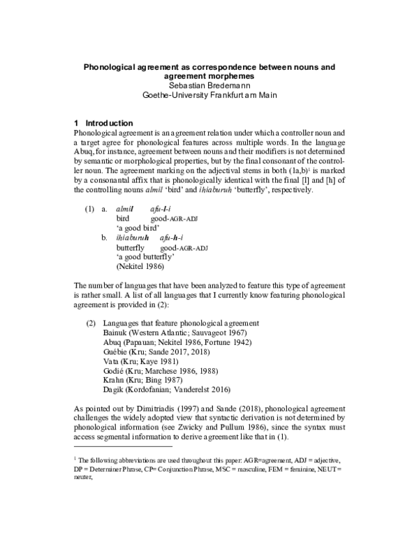 (PDF) Phonological agreement as correspondence between nouns and