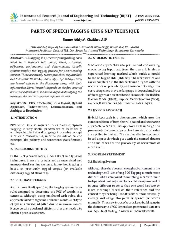 (PDF) IRJET- PARTS OF SPEECH TAGGING USING NLP TECHNIQUE