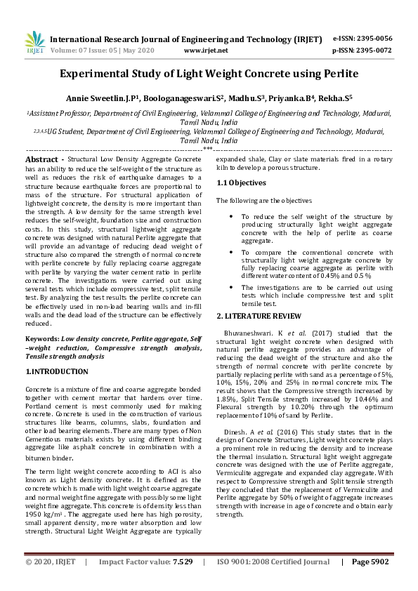 (PDF) IRJET- Experimental Study of Light Weight Concrete using Perlite