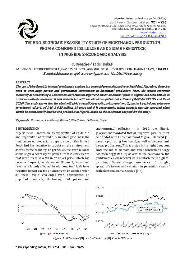 (PDF) TECHNO-ECONOMIC FEASIBILITY STUDY OF BIOETHANOL PRODUCTION FROM A ...