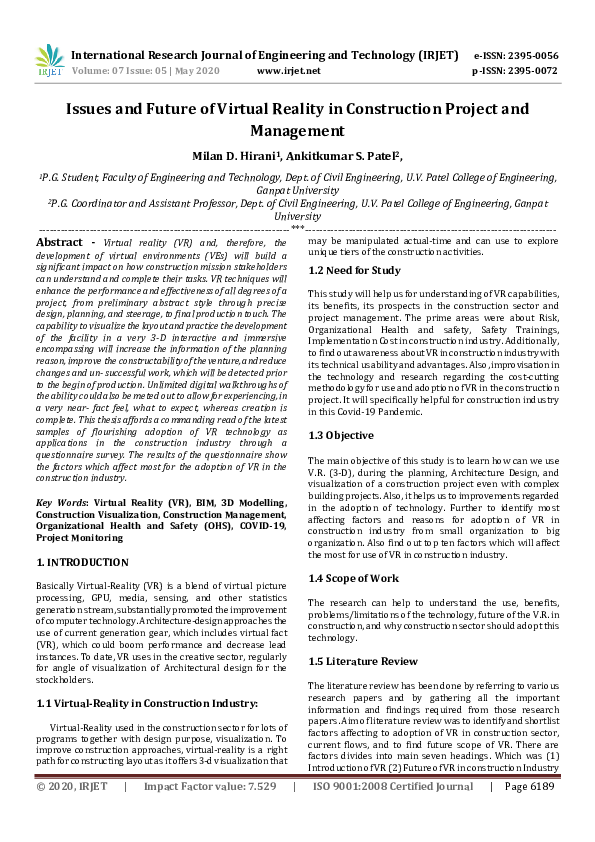 (PDF) Issues and Future of Virtual Reality in Construction Project and ...