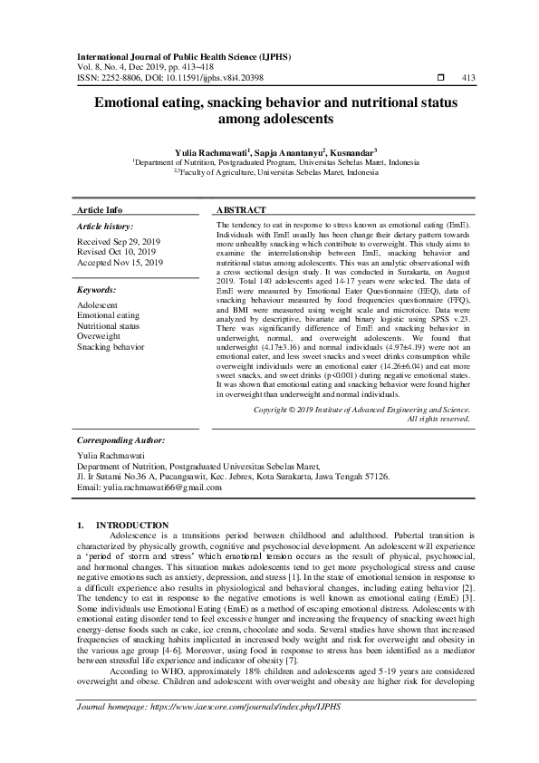 (PDF) Emotional eating, snacking behavior and nutritional status among ...