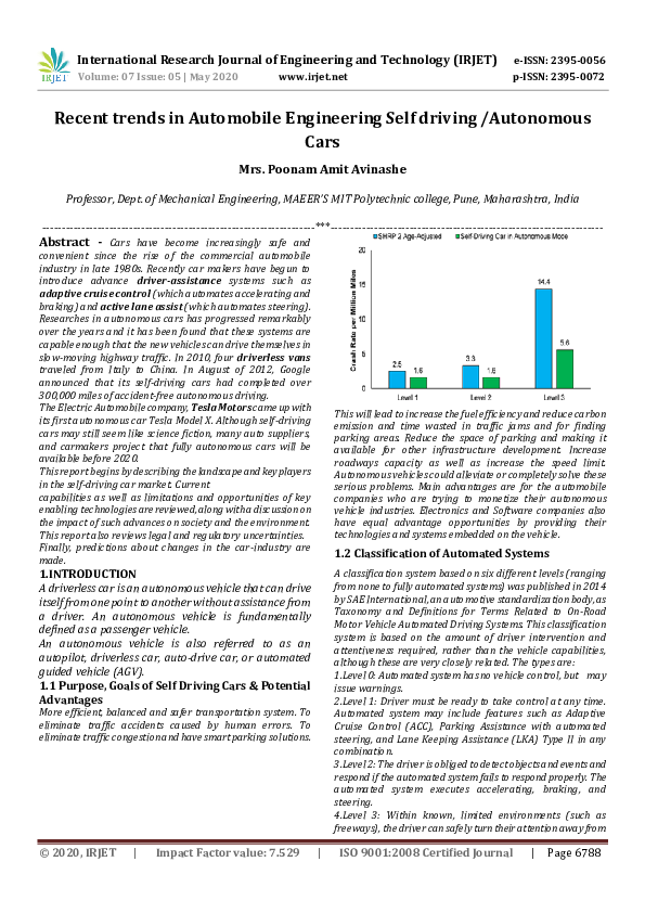 (PDF) IRJET- Recent trends in Automobile Engineering Self driving ...