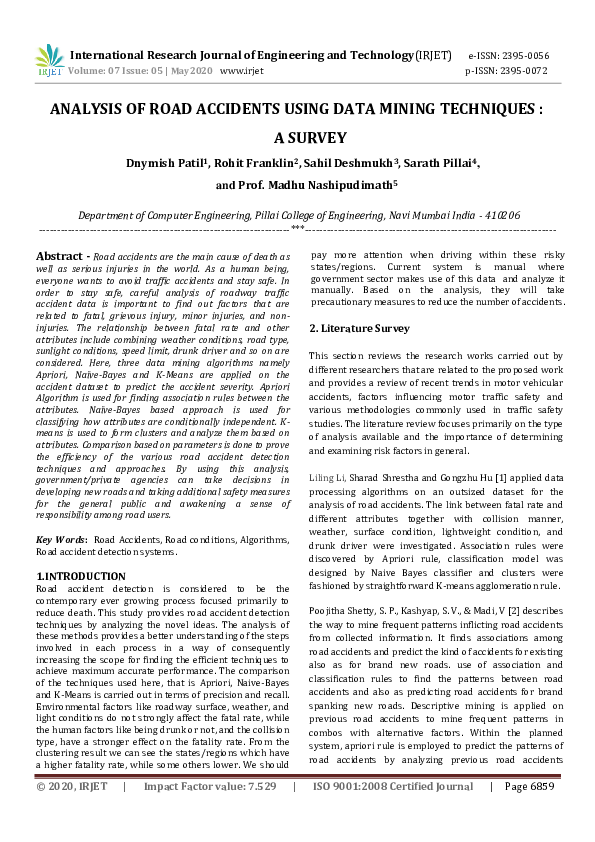 (PDF) ANALYSIS OF ROAD ACCIDENTS USING DATA MINING TECHNIQUES : A SURVEY
