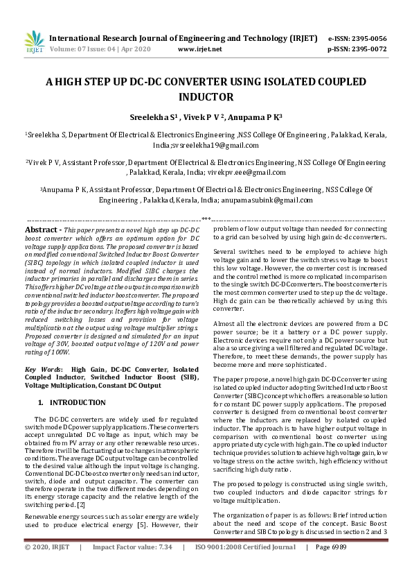 (PDF) IRJET- A HIGH STEP UP DC-DC CONVERTER USING ISOLATED COUPLED INDUCTOR