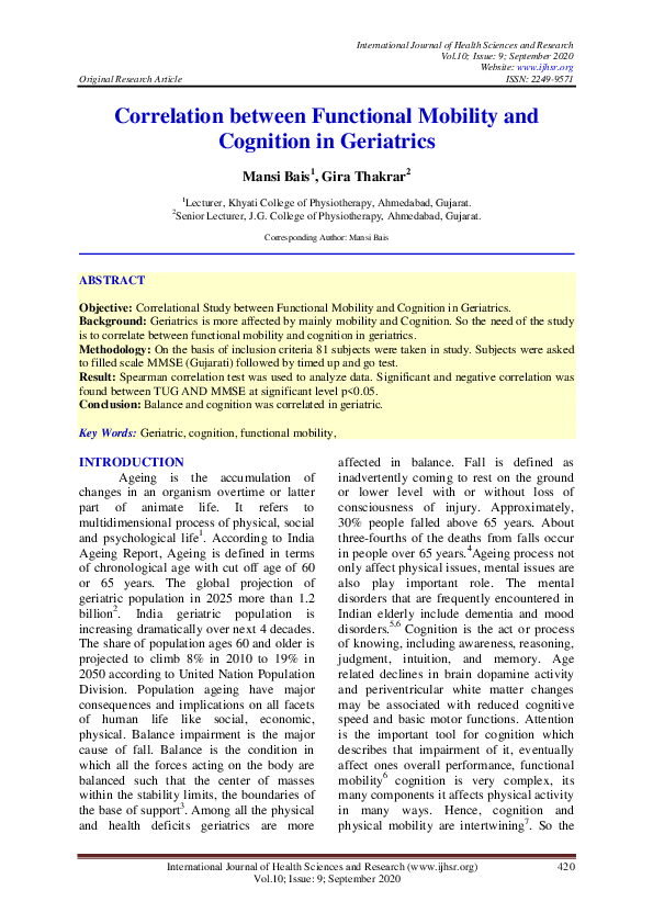(PDF) Correlation between Functional Mobility and Cognition in Geriatrics
