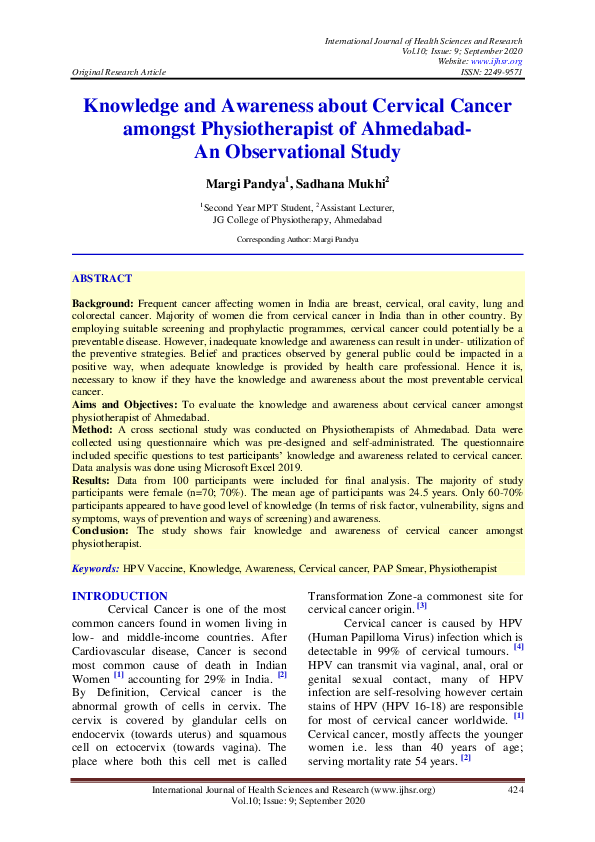 (PDF) Knowledge and Awareness about Cervical Cancer amongst ...