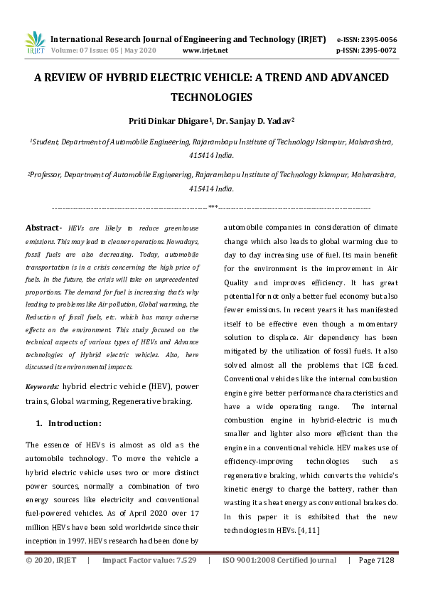 (PDF) IRJET A REVIEW OF HYBRID ELECTRIC VEHICLE A TREND AND ADVANCED