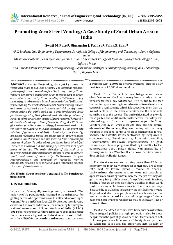 (PDF) IRJET Promoting Zero Street Vending A Case Study of Surat Urban Area in India IRJET