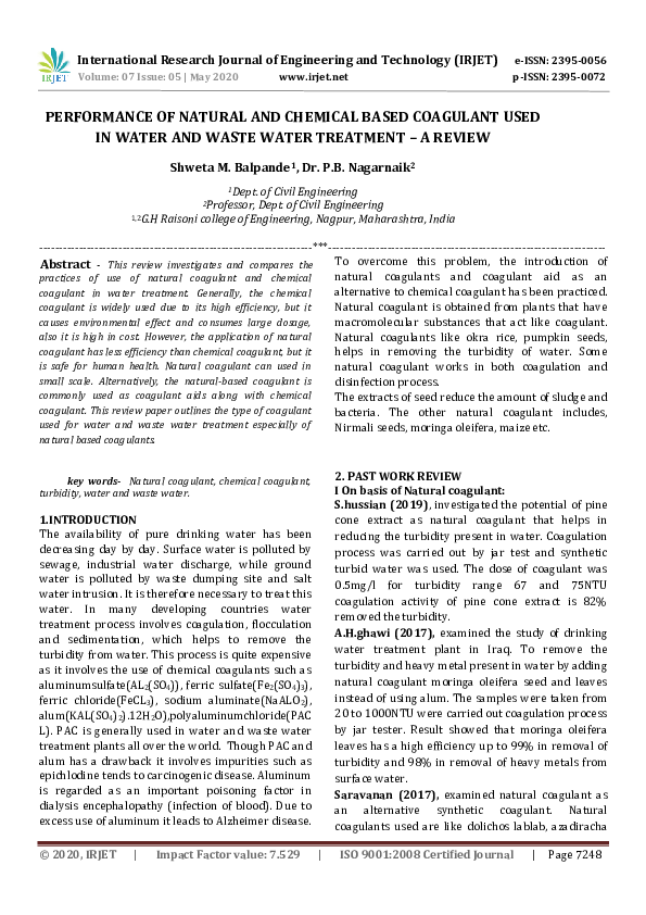 (PDF) IRJET PERFORMANCE OF NATURAL AND CHEMICAL BASED COAGULANT USED