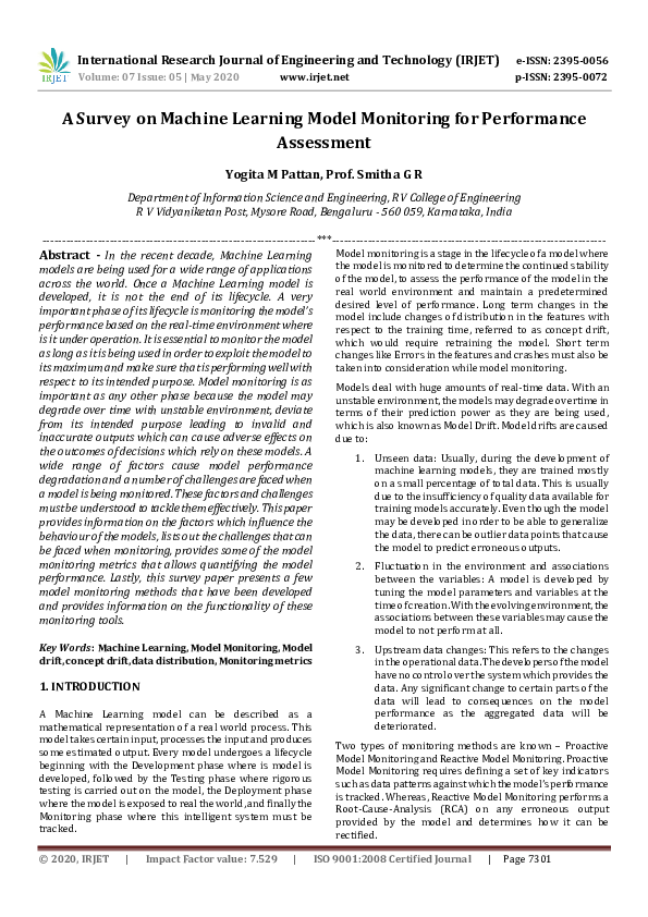 (PDF) IRJET- A Survey on Machine Learning Model Monitoring for ...