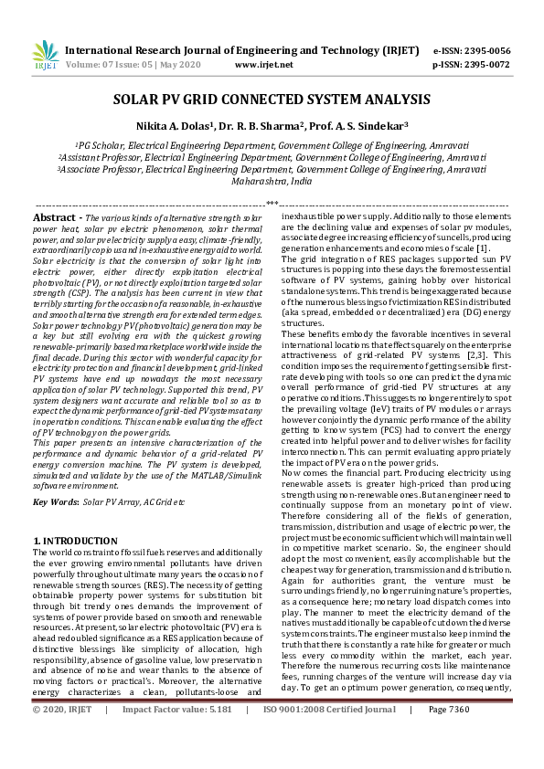 (PDF) IRJET- SOLAR PV GRID CONNECTED SYSTEM ANALYSIS