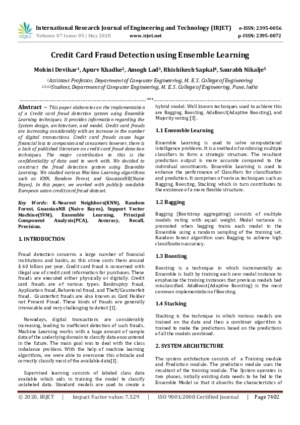 (PDF) IRJET- Credit Card Fraud Detection using Ensemble Learning
