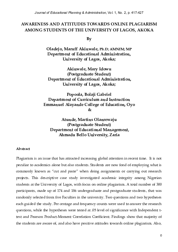 (DOC) AWARENESS AND ATTITUDES TOWARDS ONLINE PLAGIARISM AMONG STUDENTS ...