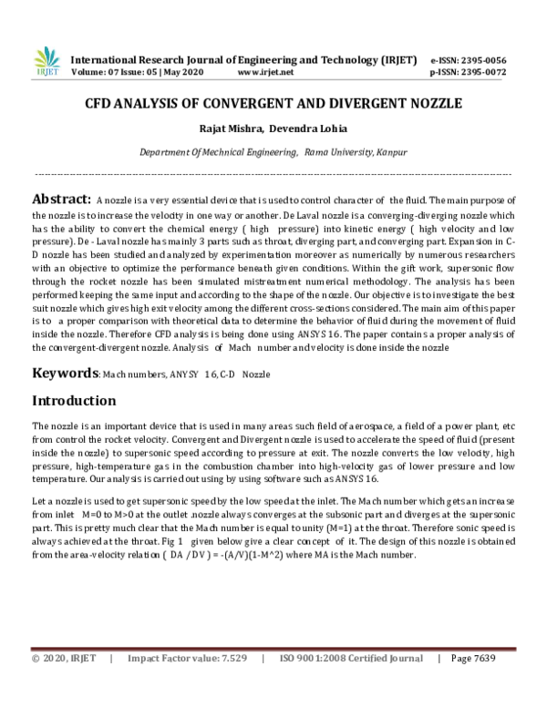 (PDF) IRJET- CFD ANALYSIS OF CONVERGENT AND DIVERGENT NOZZLE