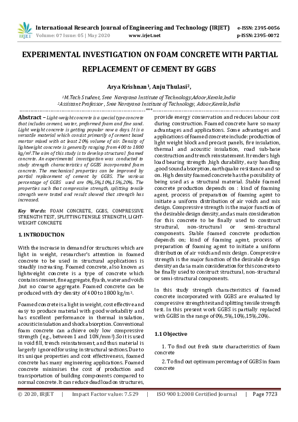 (PDF) IRJET- EXPERIMENTAL INVESTIGATION ON FOAM CONCRETE WITH PARTIAL ...