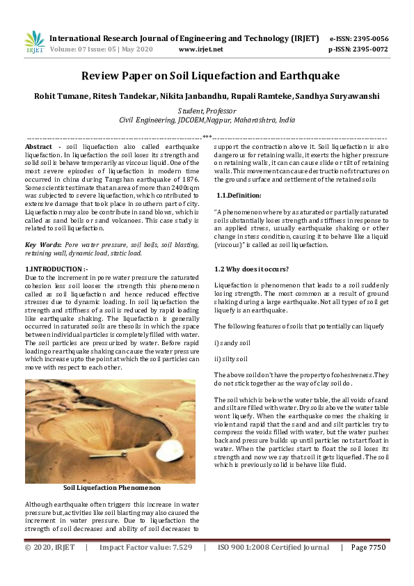 (PDF) IRJET- Review Paper on Soil Liquefaction and Earthquake