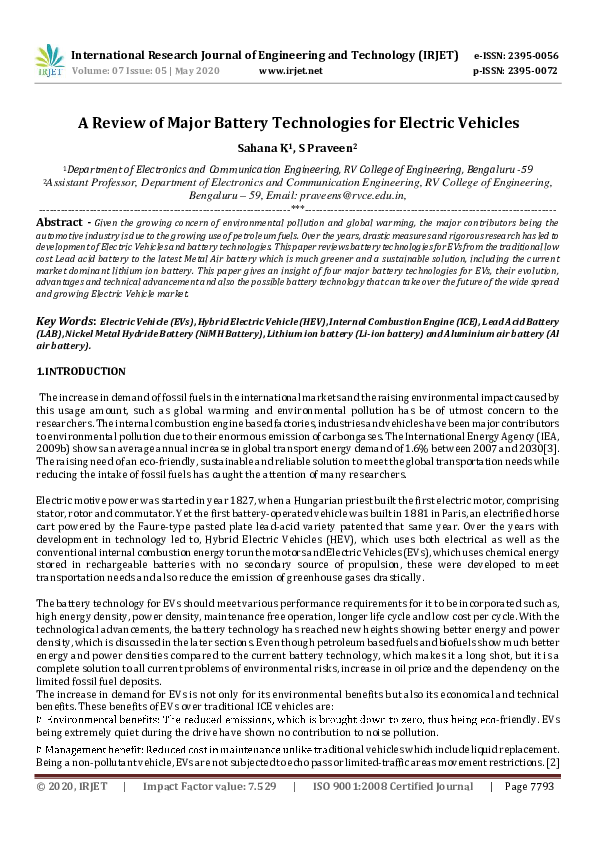 (PDF) IRJET- A Review of Major Battery Technologies for Electric Vehicles