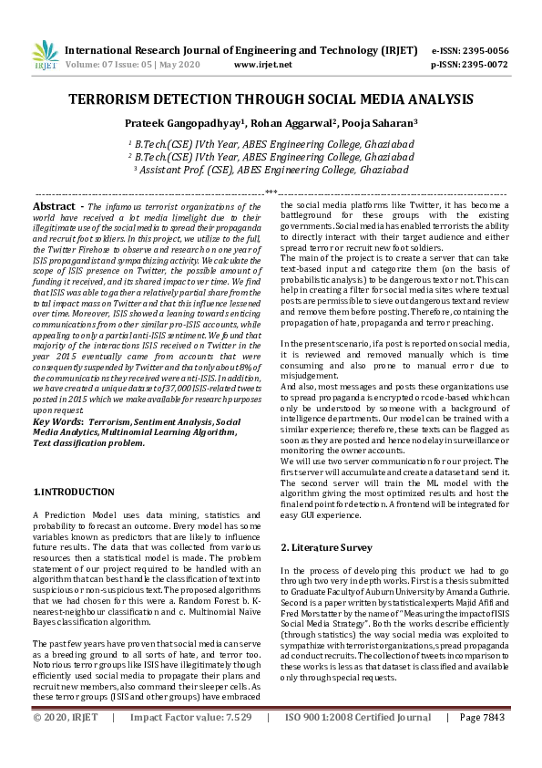 (PDF) IRJET- TERRORISM DETECTION THROUGH SOCIAL MEDIA ANALYSIS
