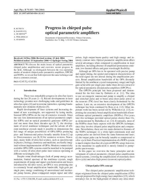 (PDF) Progress in chirped pulse optical parametric amplifiers