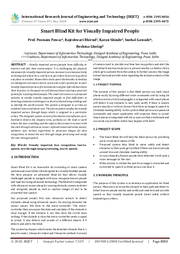 (PDF) IRJET- Smart Blind Kit for Visually Impaired People