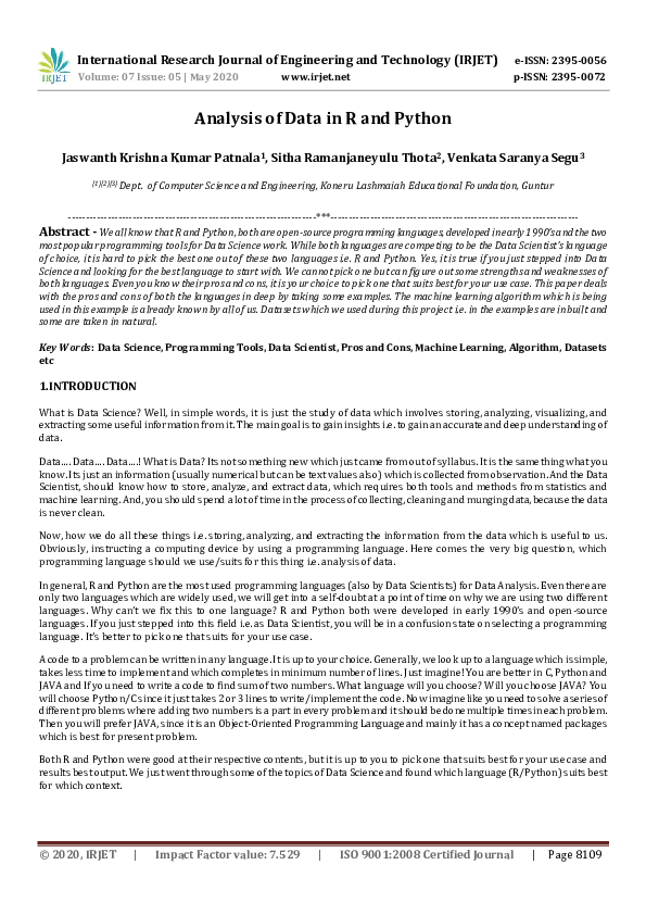 (PDF) IRJET- Analysis of Data in R and Python