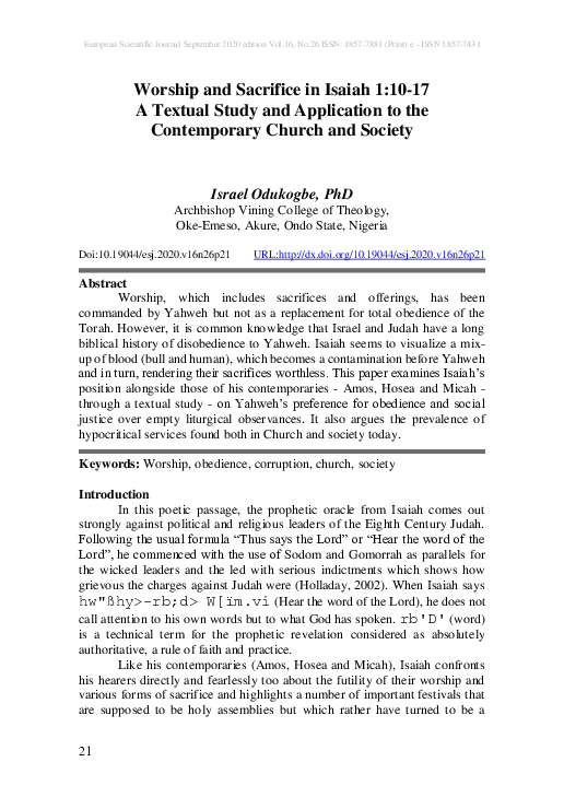 (PDF) Worship and Sacrifice in Isaiah 1:10-17 A Textual Study and