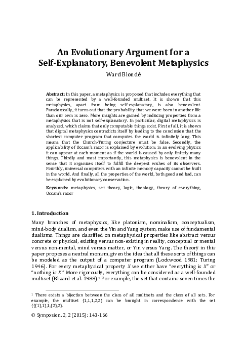 (PDF) An Evolutionary Argument for a Self-Explanatory, Benevolent ...