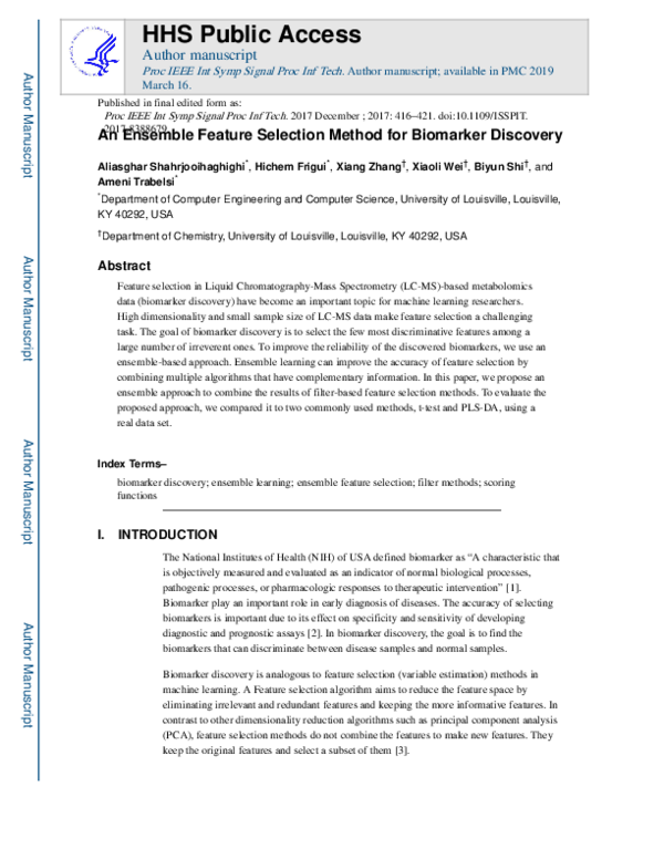 (PDF) An Ensemble Feature Selection Method for Biomarker Discovery