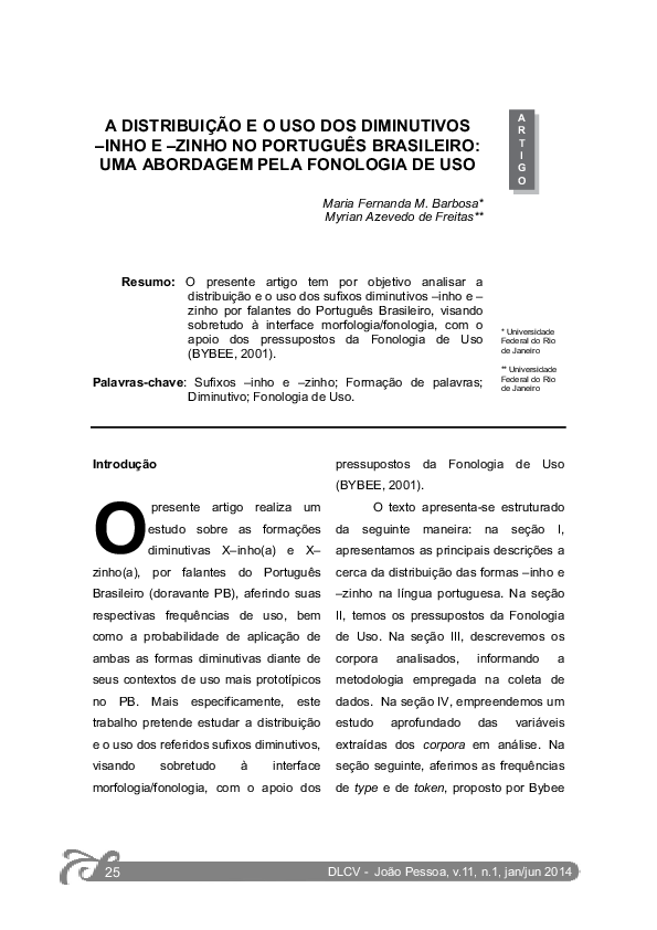 (PDF) A DISTRIBUIÇÃO E O USO DOS DIMINUTIVOS -INHO E -ZINHO NO ...