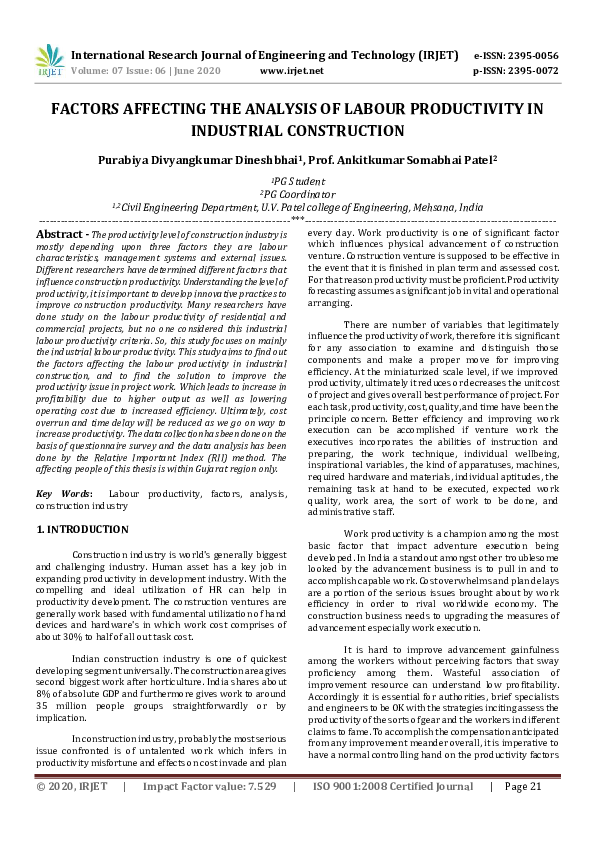 (PDF) IRJET- FACTORS AFFECTING THE ANALYSIS OF LABOUR PRODUCTIVITY IN ...