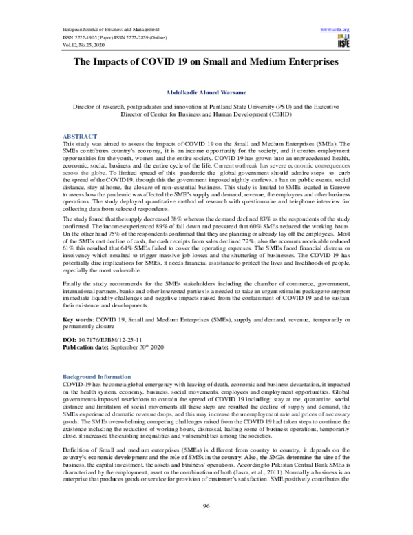 (PDF) The Impacts of COVID 19 on Small and Medium Enterprises (SMEs) in ...