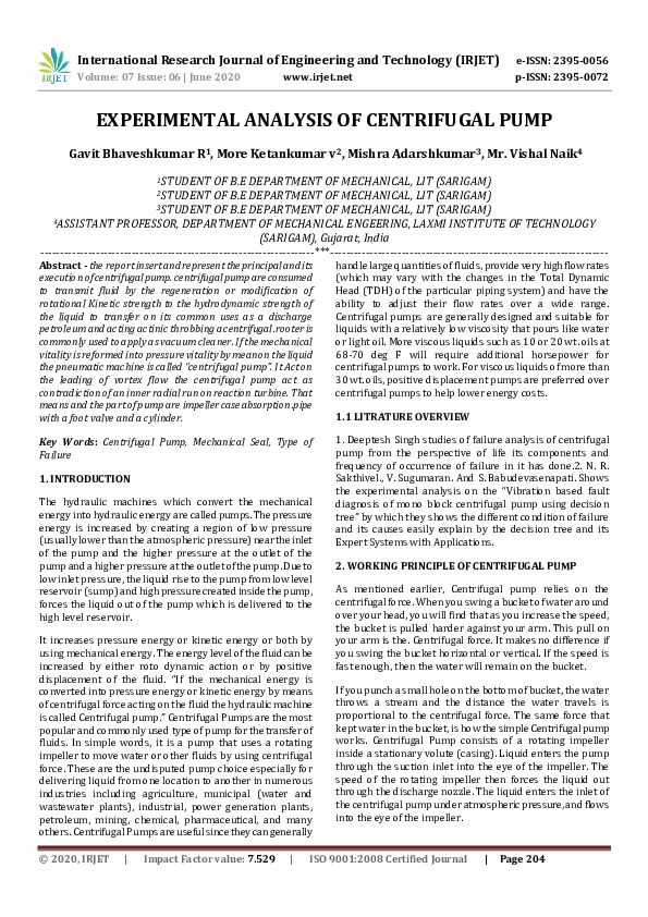 Pdf Experimental Analysis Of Centrifugal Pump Pdf Experimental Analysis Of Centrifugal Pump