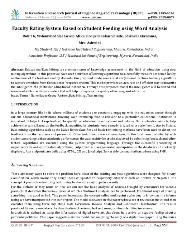 (PDF) IRJET- Faculty Rating System Based on Student Feeding using Word ...