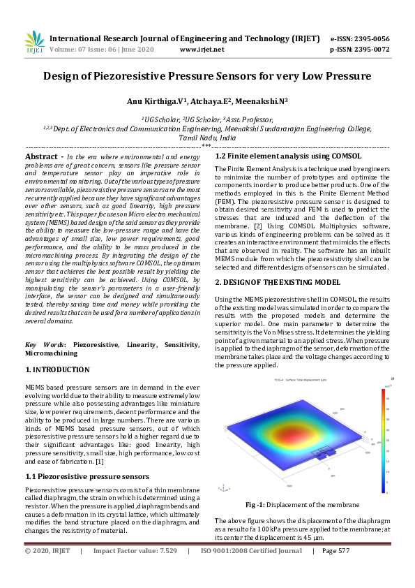 (PDF) IRJET- Design of Piezoresistive Pressure Sensors for very Low ...