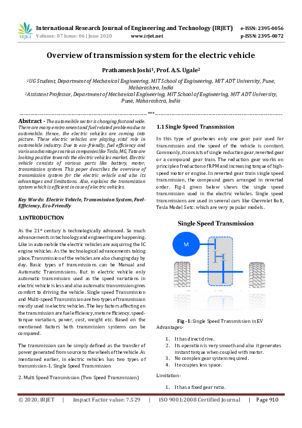 (PDF) IRJET Overview of transmission system for the electric vehicle IRJET Journal Academia.edu