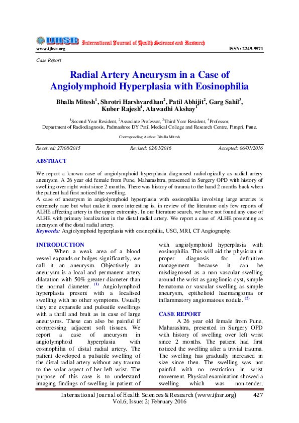 (PDF) Radial Artery Aneurysm in a Case of Angiolymphoid Hyperplasia ...