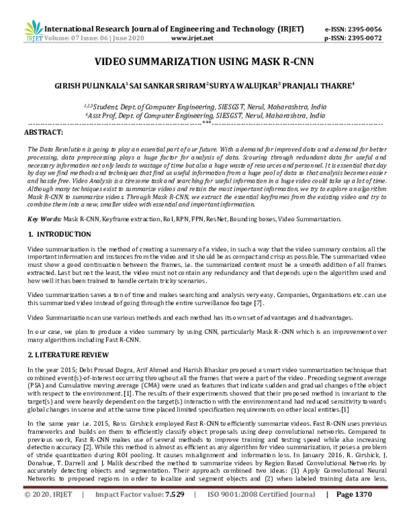 (PDF) IRJET- VIDEO SUMMARIZATION USING MASK R-CNN GIRISH PULINKALA 1 ...