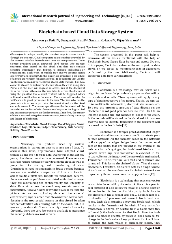 (PDF) IRJET- Blockchain based Cloud Data Storage System Aishwarya Patil ...