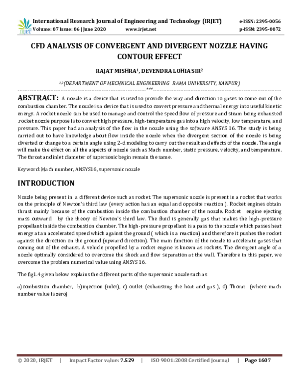 (PDF) IRJET- CFD ANALYSIS OF CONVERGENT AND DIVERGENT NOZZLE HAVING ...