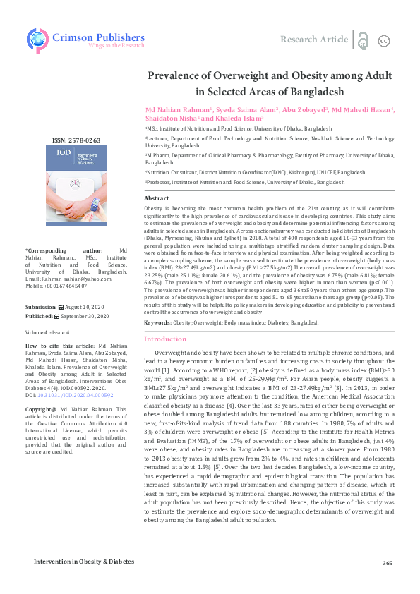 (PDF) Prevalence of Overweight and Obesity among Adult in Selected ...