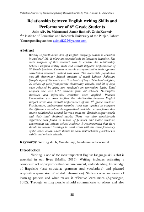 (PDF) Relationship between English writing Skills and Performance of 6 ...