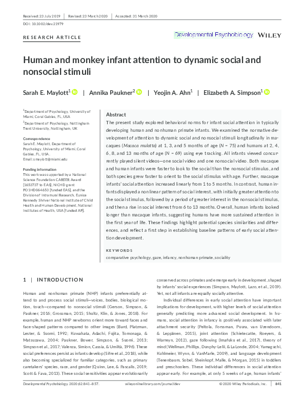 (PDF) Human and monkey infant attention to dynamic social and nonsocial ...