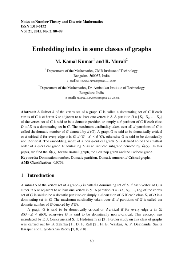 (PDF) Embedding index in some classes of graphs