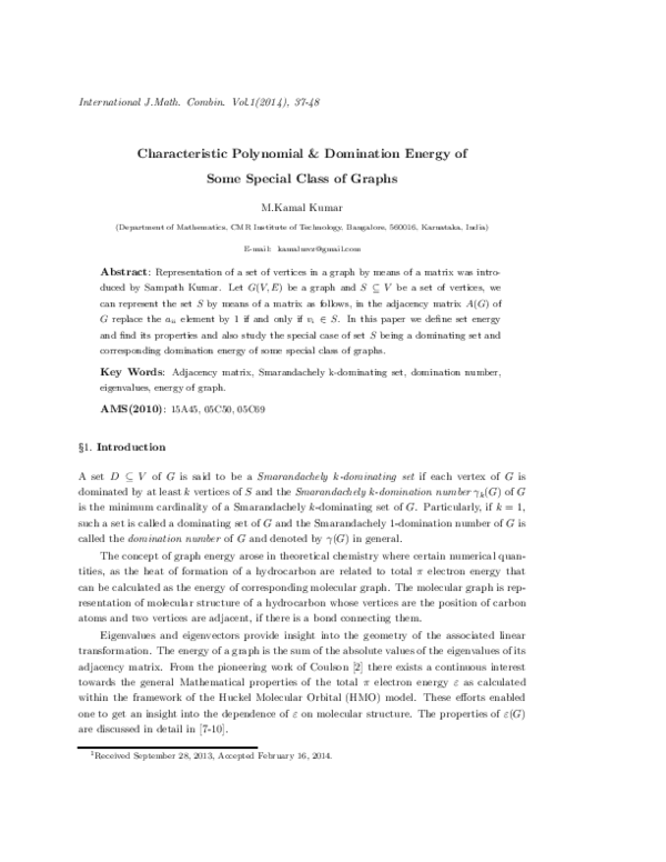 (PDF) Characteristic Polynomial & Domination Energy of Some Special ...