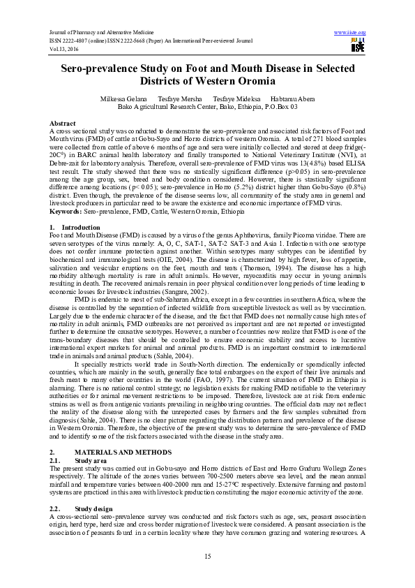 (PDF) Sero-prevalence Study on Foot and Mouth Disease in Selected ...