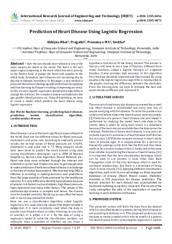 (PDF) IRJET- Prediction of Heart Disease Using Logistic Regression