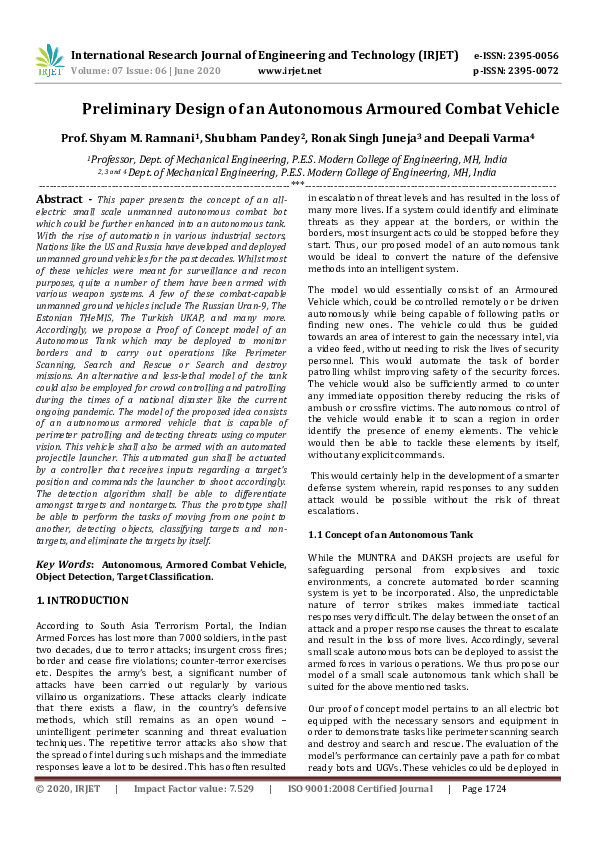 (PDF) IRJET- Preliminary Design of an Autonomous Armoured Combat Vehicle